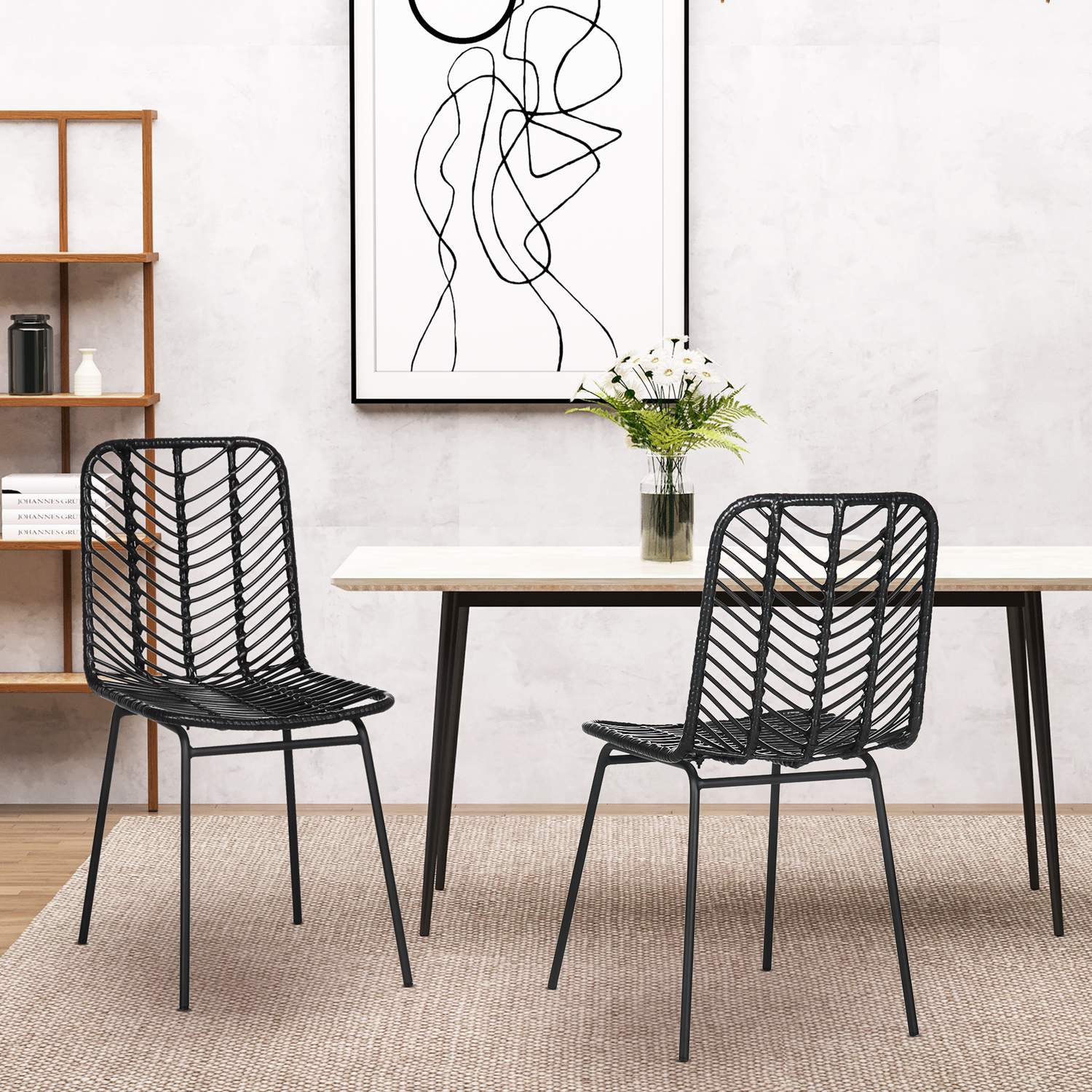 Set van 2 eetkamerstoelen van zwart rotan met rugleuning