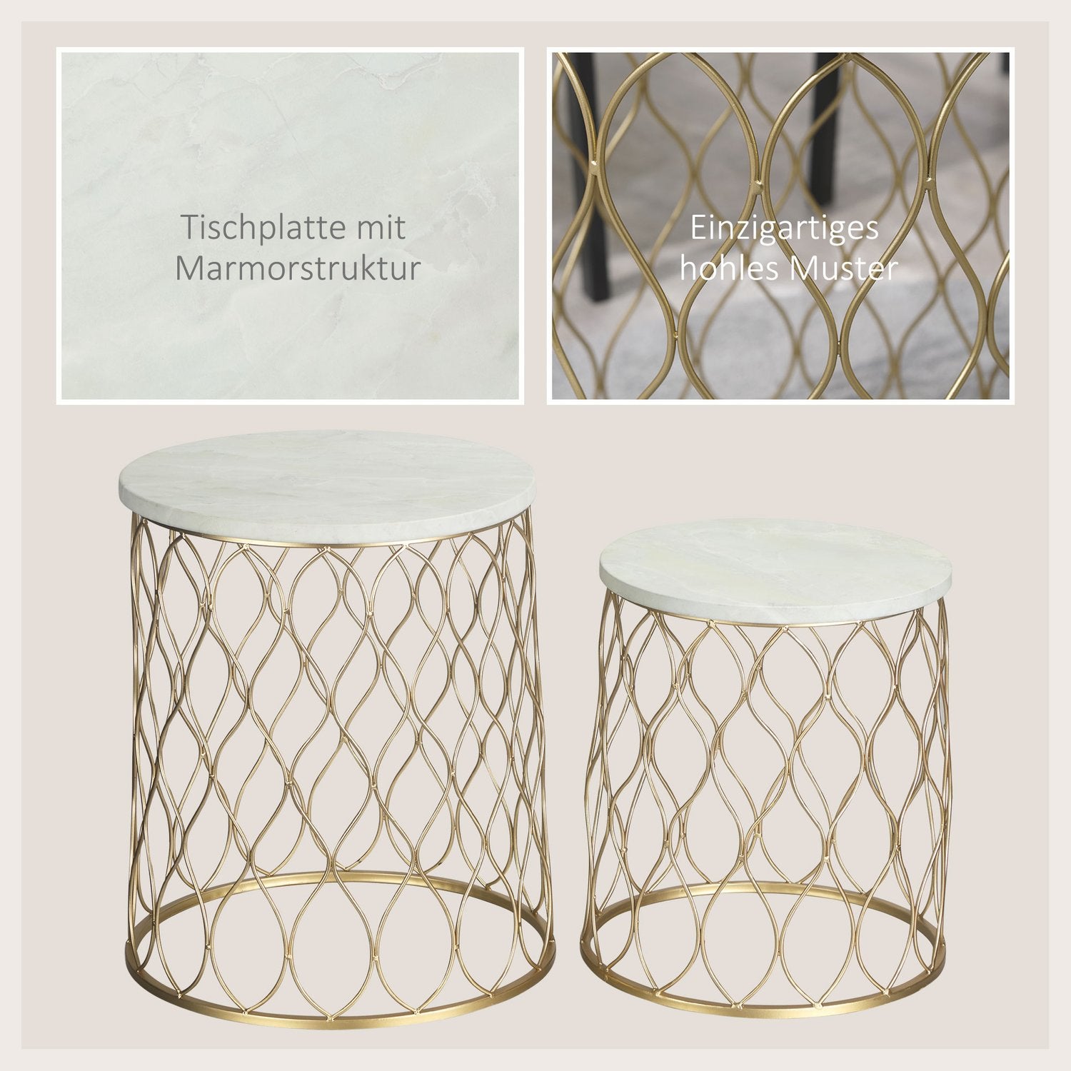 Set van 2 metalen bijzettafels voor buiten, goud & wit design