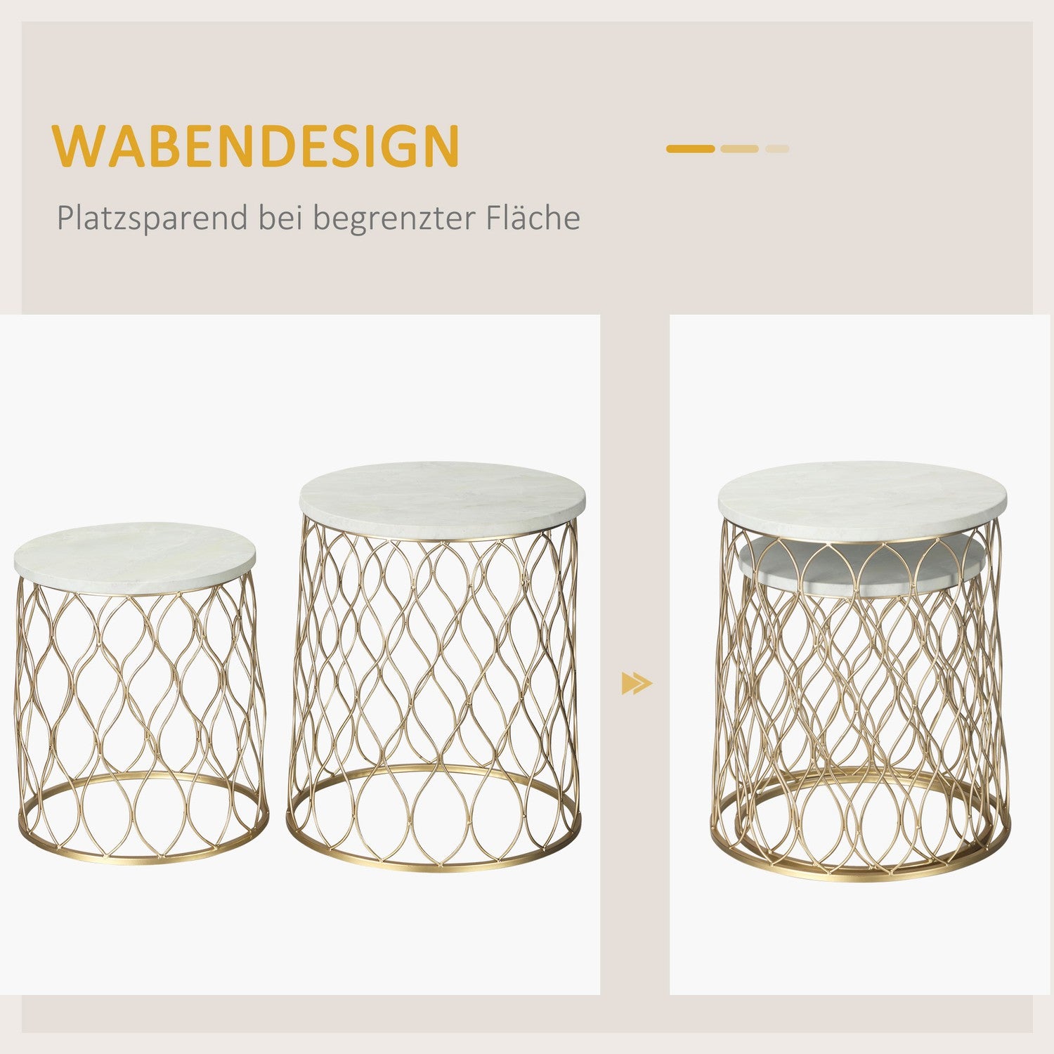 Set van 2 metalen bijzettafels voor buiten, goud & wit design