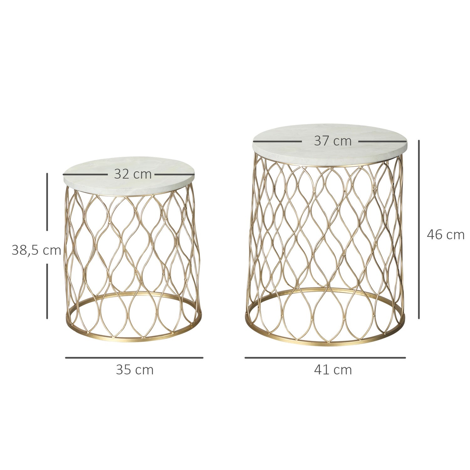 Set van 2 metalen bijzettafels voor buiten, goud & wit design