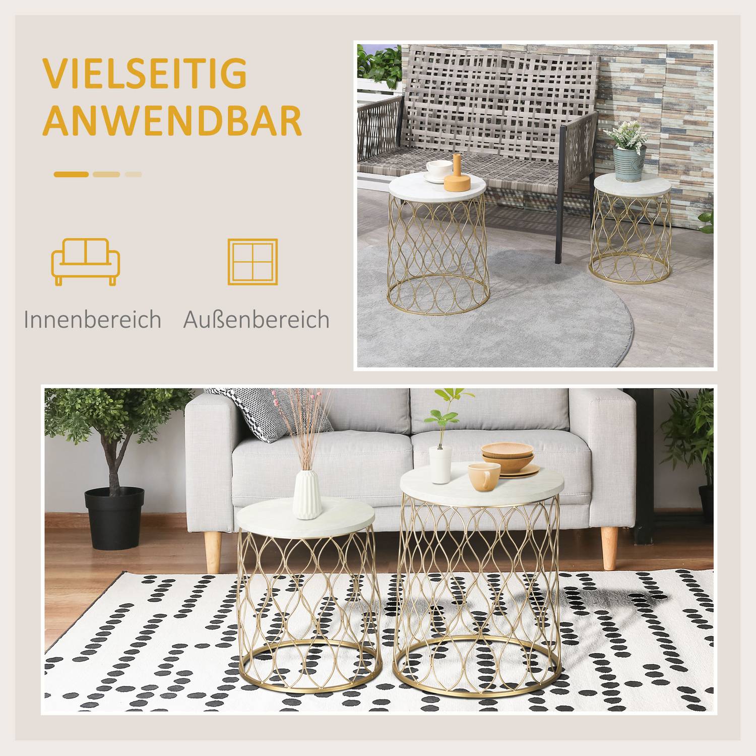 Set van 2 metalen bijzettafels voor buiten, goud & wit design