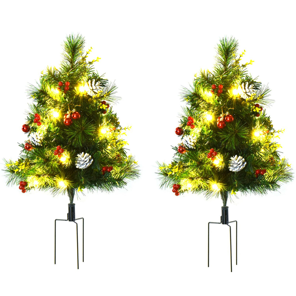 Set van 2 mini-kerstboompjes met dennenappels en LED-lampjes