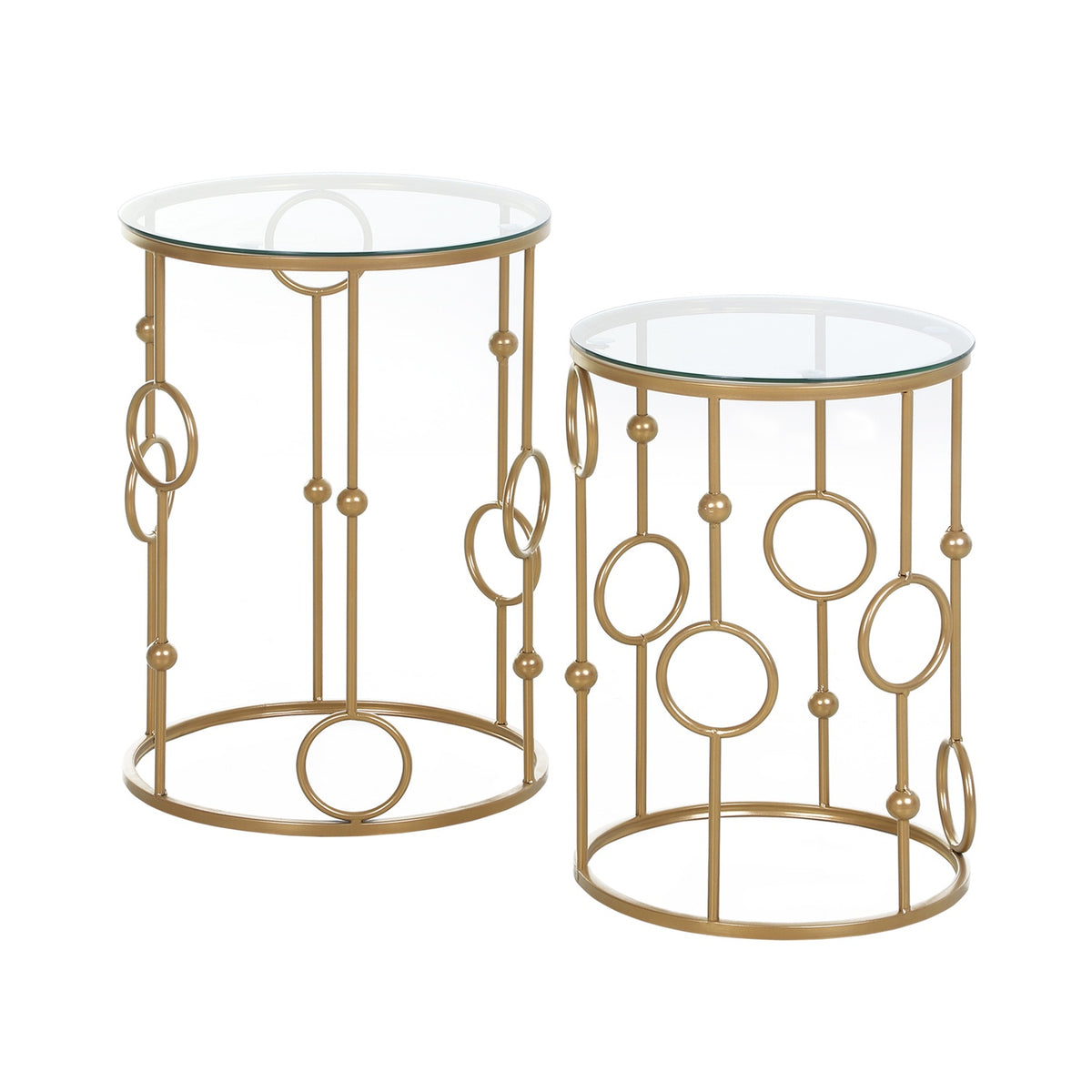 Set van 2 salontafels, bijzettafels met glazen blad, woonkamertafel met boog- en balontwerp Ø41 x 57 cm, goud