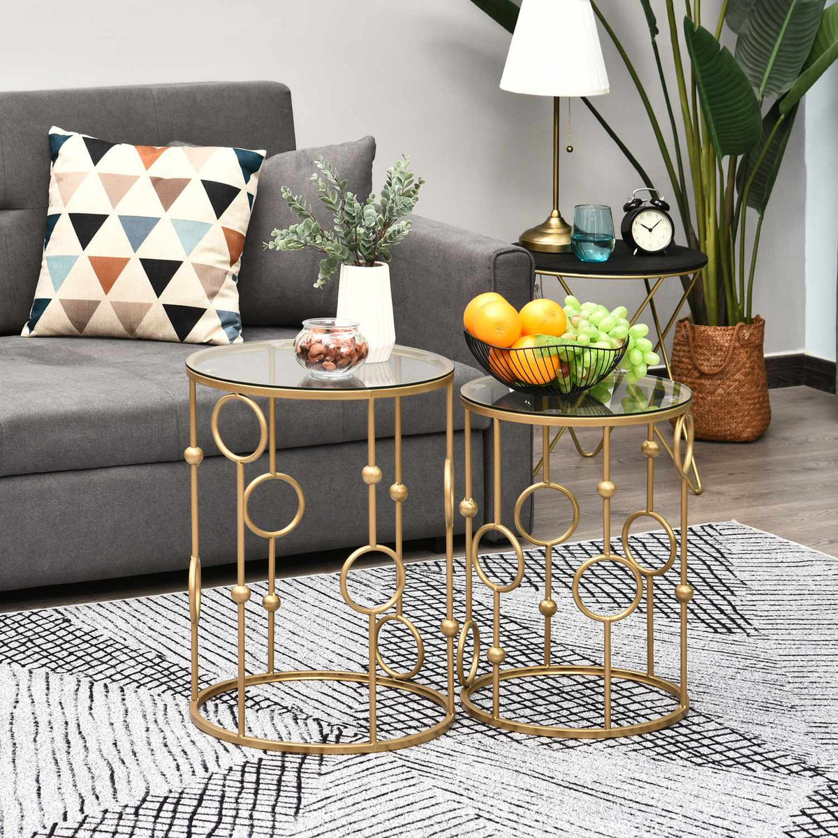 Set van 2 salontafels, bijzettafels met glazen blad, woonkamertafel met boog- en balontwerp Ø41 x 57 cm, goud