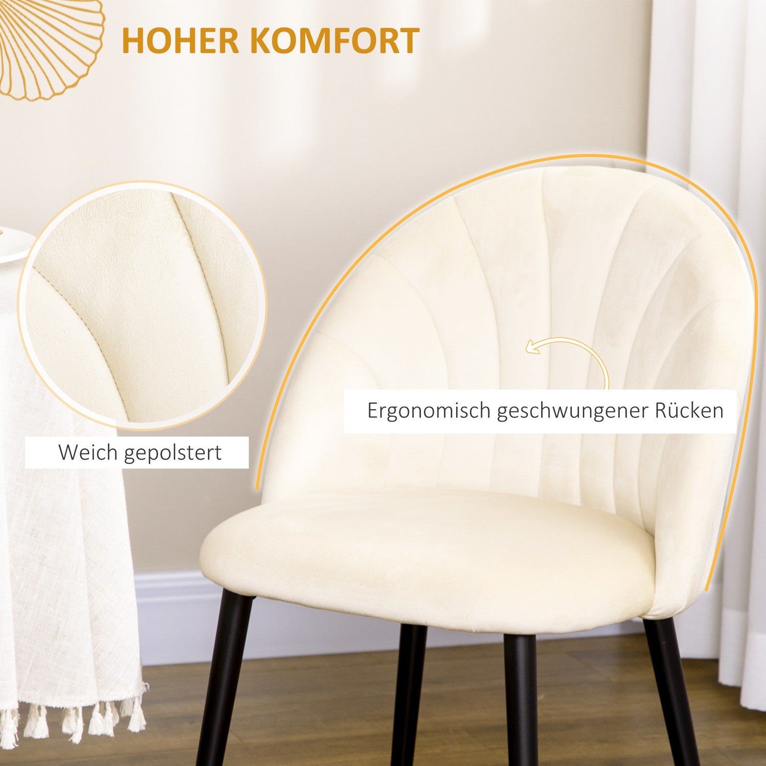 Set van 2 gestoffeerde eetkamerstoelen, Fluweellook, Crème