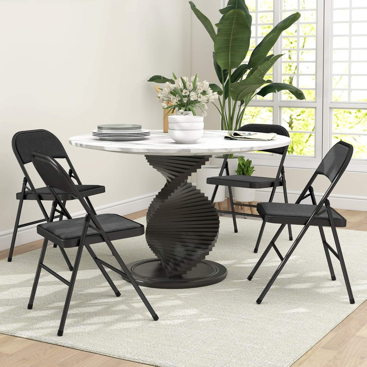 Set van 4 klapstoelen, draagbare bureaustoelen, metalen poten, klapstoel voor kantoor, receptie, wachtkamer, linnenlook, zwart