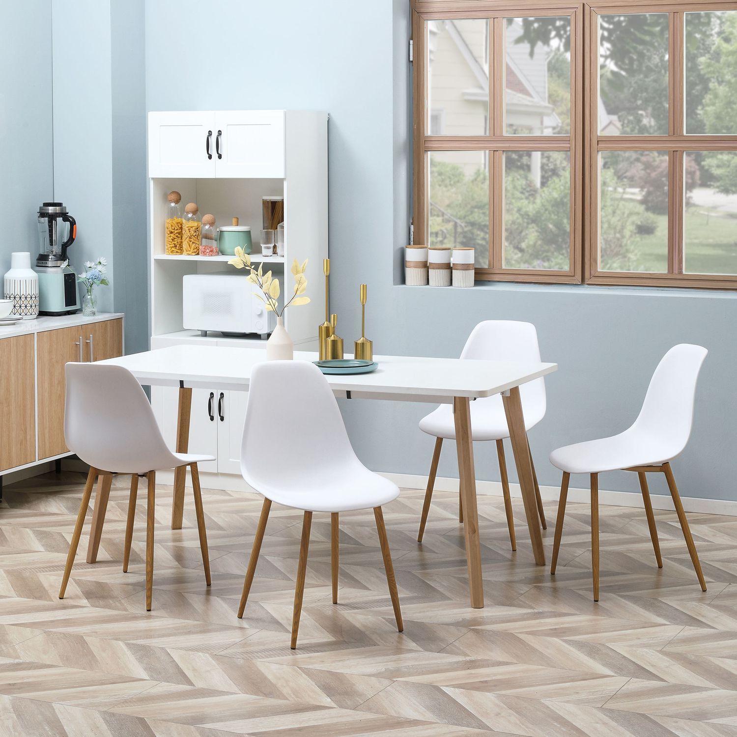Set van 4 eetkamerstoelen, metalen poten, wit & naturel