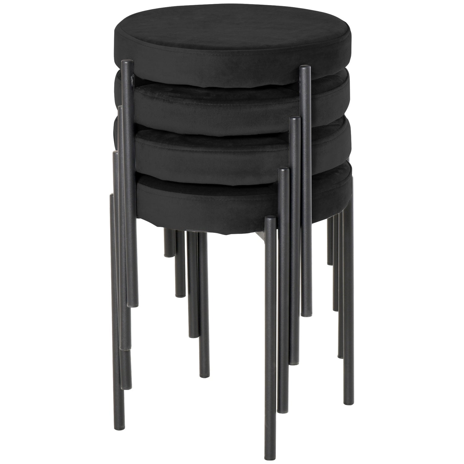 Lot de 4 tabourets de banc empilables en velours, noir, assise matelassée
