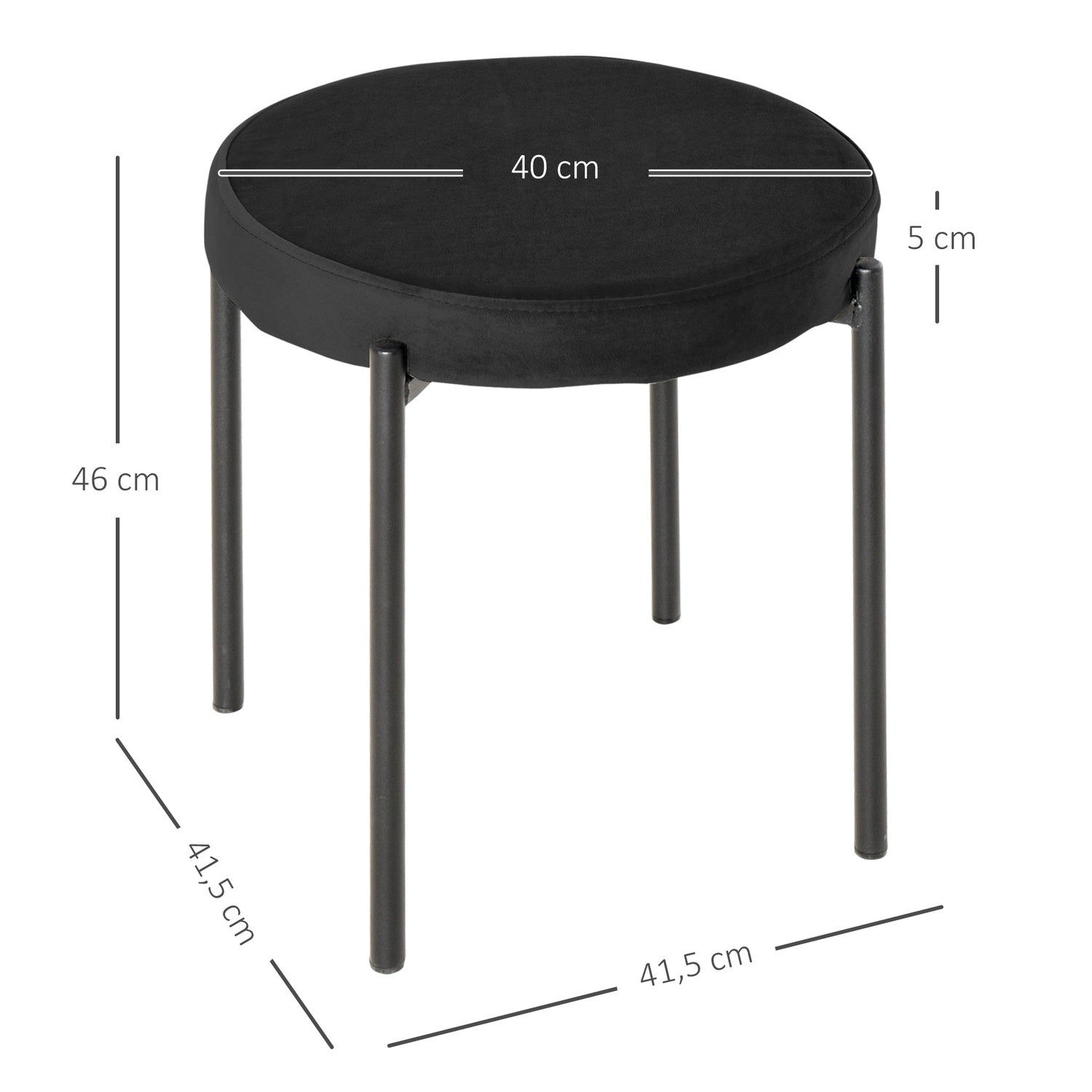Lot de 4 tabourets de banc empilables en velours, noir, assise matelassée