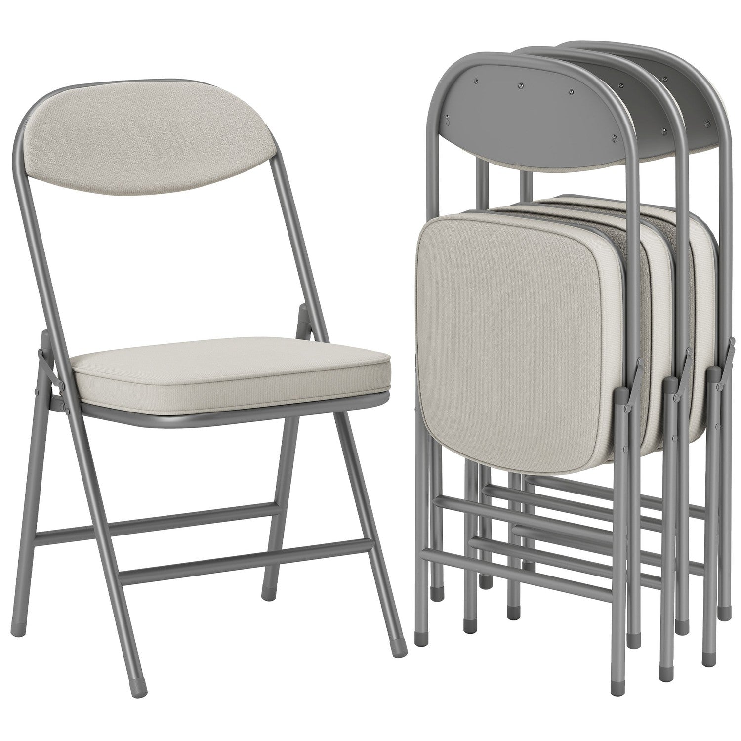Set van 4 gestoffeerde klapstoelen, klapstoelen met corduroy bekleding, rugleuning, metalen frame, crèmewit