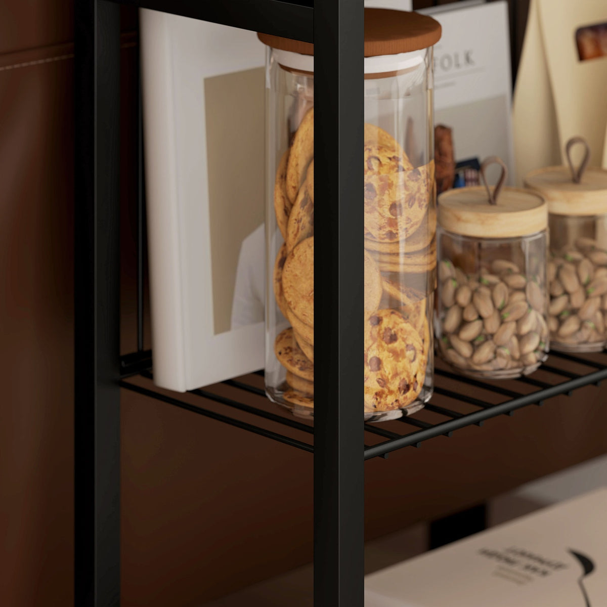 Bijzettafel, 3-laags design, planken met houteffect, stalen frame, zwart