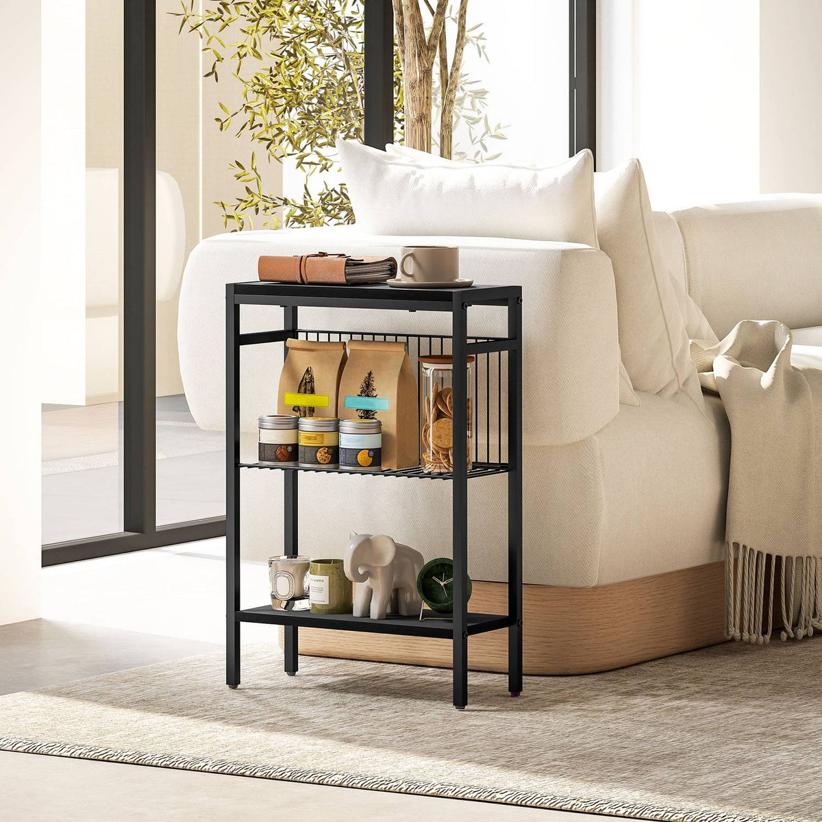 Bijzettafel, 3-laags design, planken met houteffect, stalen frame, zwart