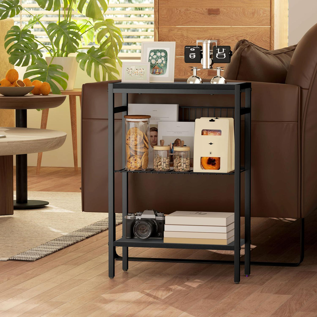 Bijzettafel, 3-laags design, planken met houteffect, stalen frame, zwart