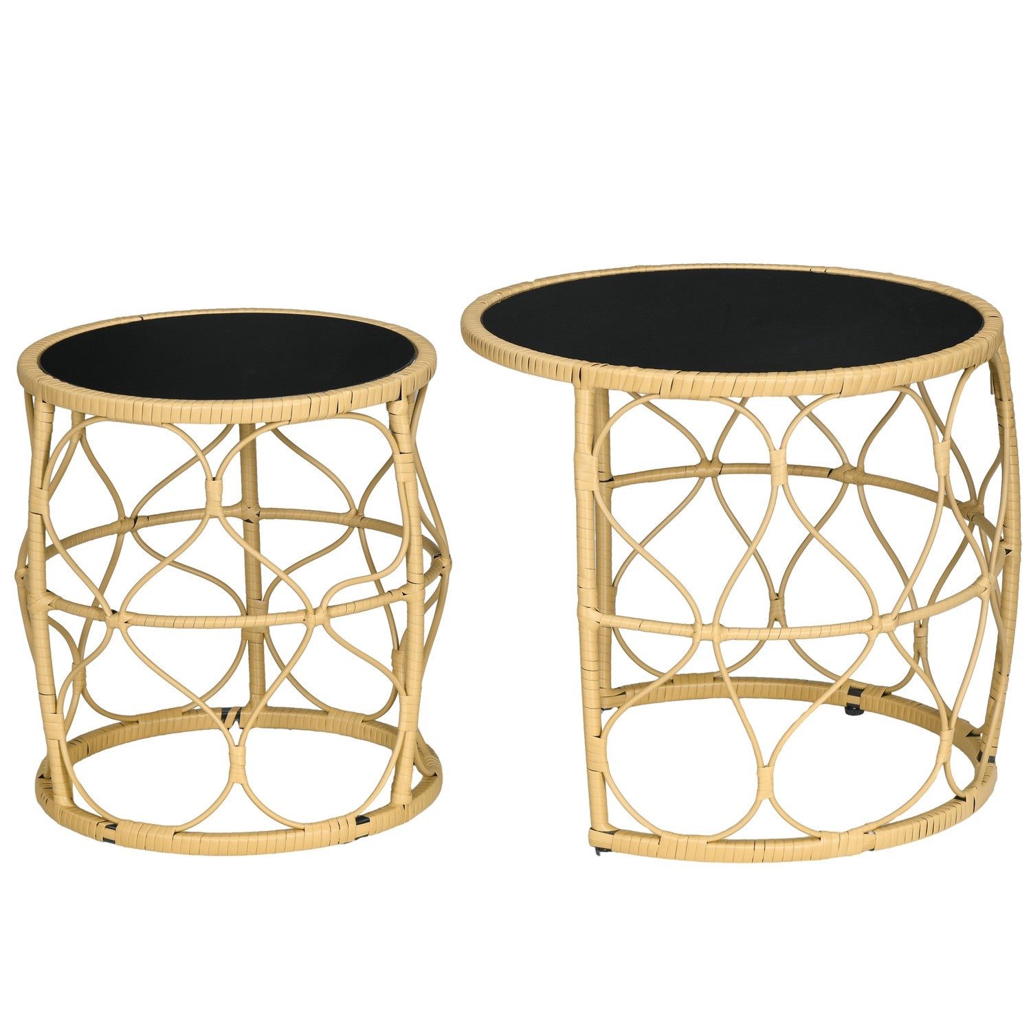 Rotan bijzettafel, set van 2, stapelbaar met glazen blad