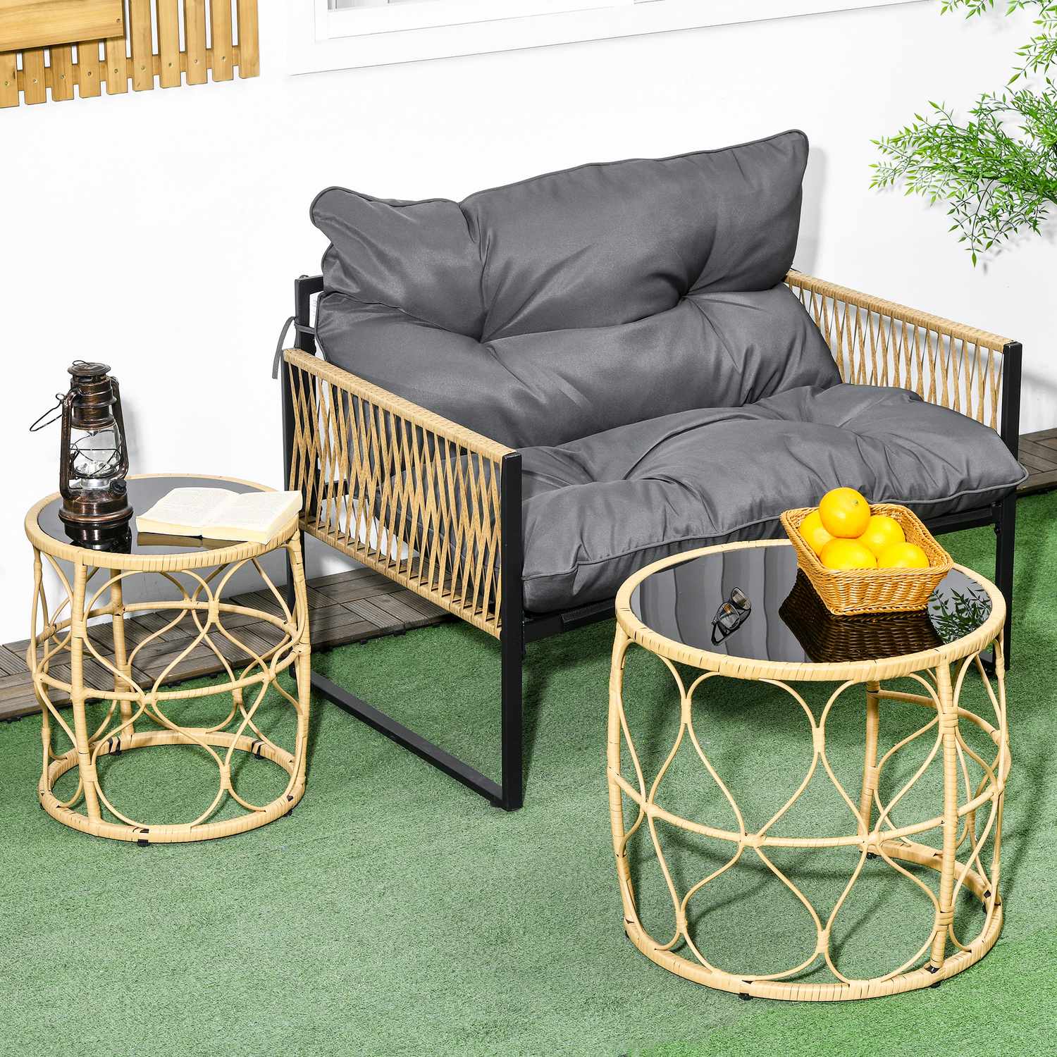 Rotan bijzettafel, set van 2, stapelbaar met glazen blad