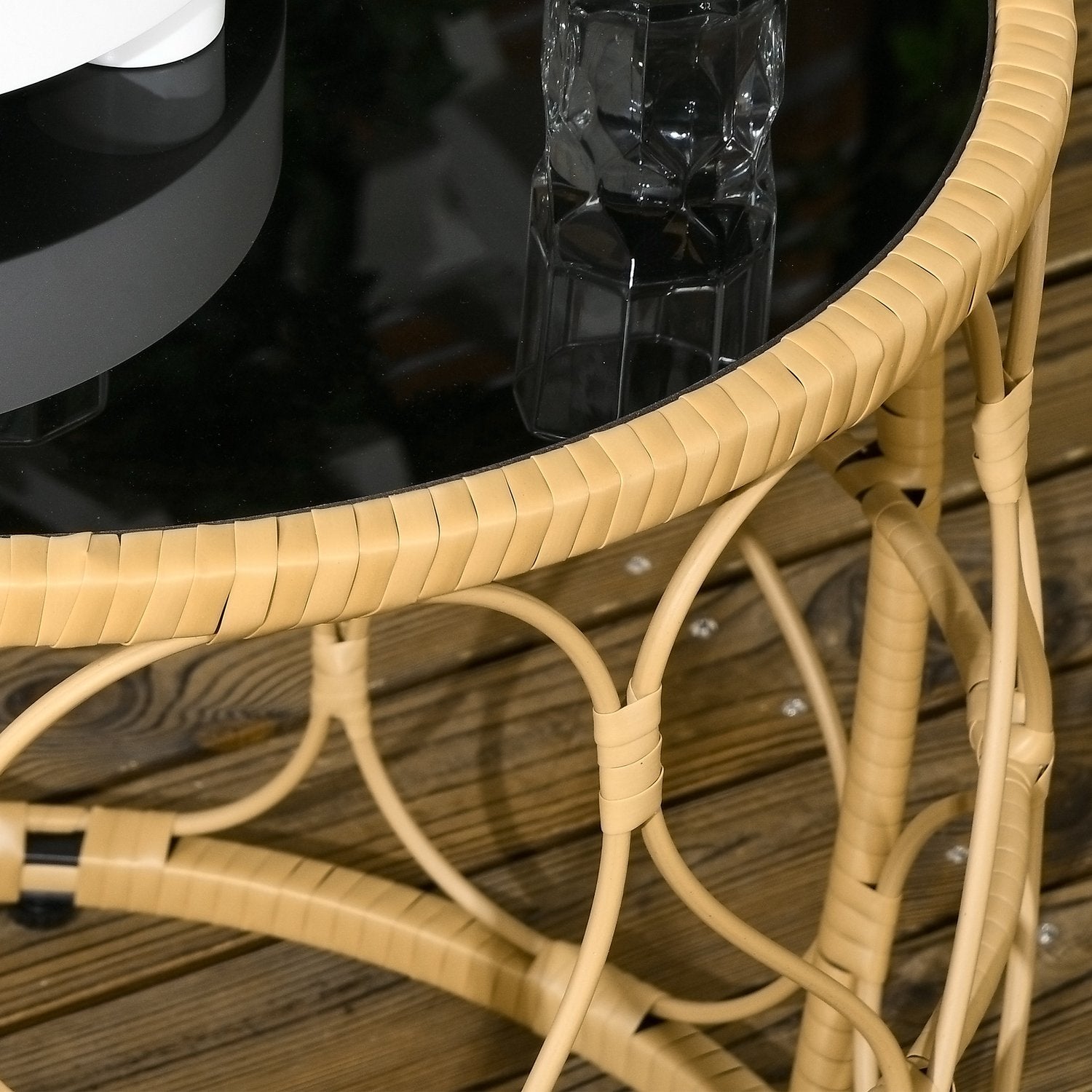 Rotan bijzettafel, set van 2, stapelbaar met glazen blad