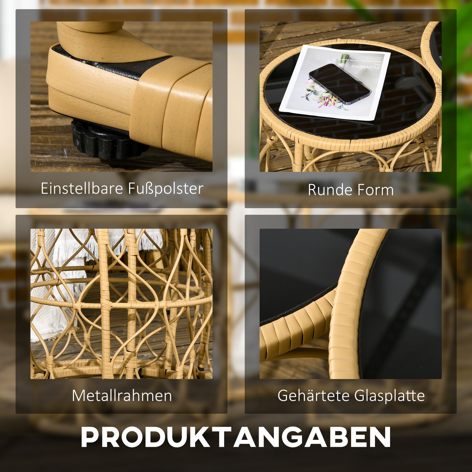 Rotan bijzettafel, set van 2, stapelbaar met glazen blad