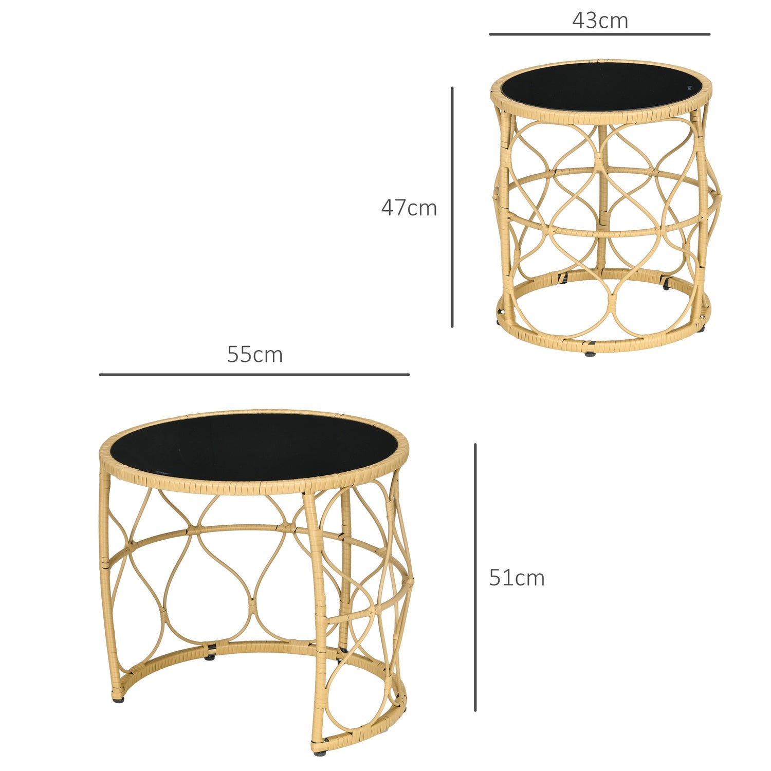 Rotan bijzettafel, set van 2, stapelbaar met glazen blad