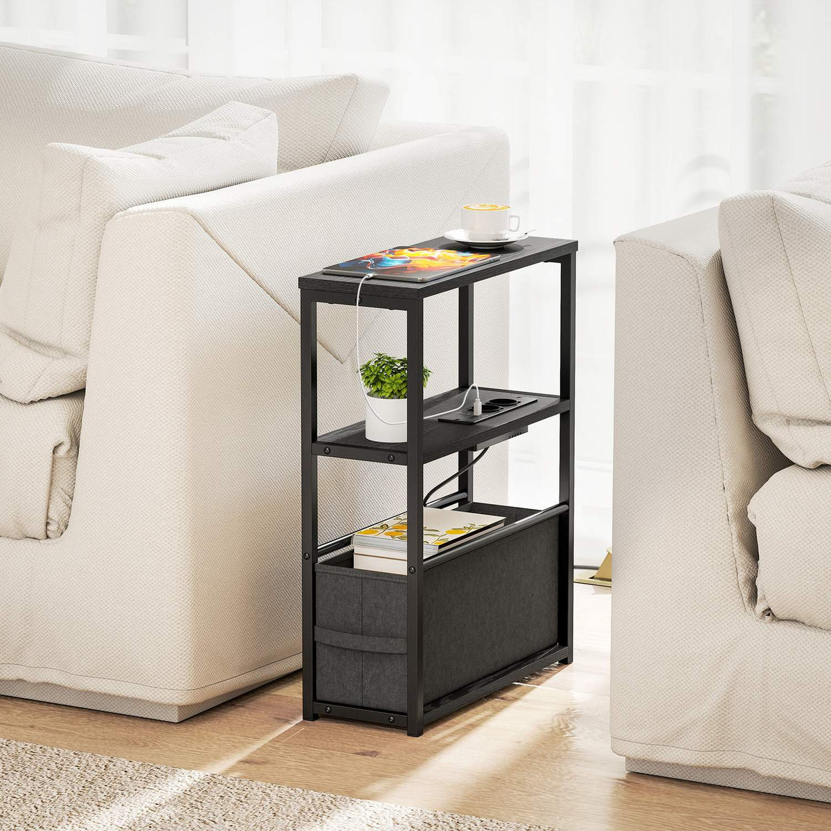 Bijzettafel met oplaadstation, zwart, 45 x 18 x 60 cm