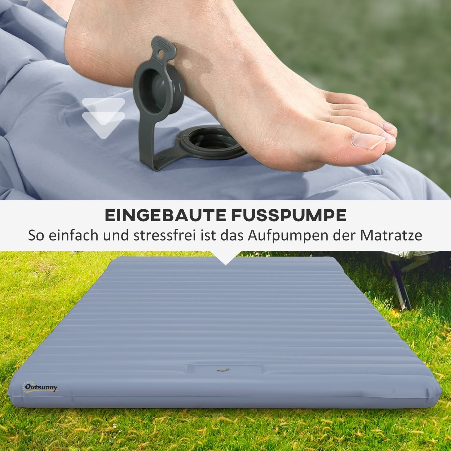Zelfopblazende kampeerslaapmat voor 2 personen, voetpomp, blauw