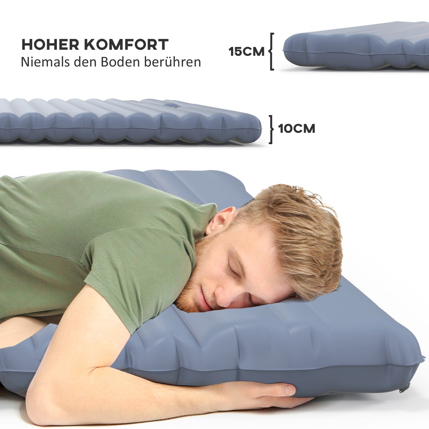 Zelfopblazende kampeerslaapmat voor 2 personen, voetpomp, blauw