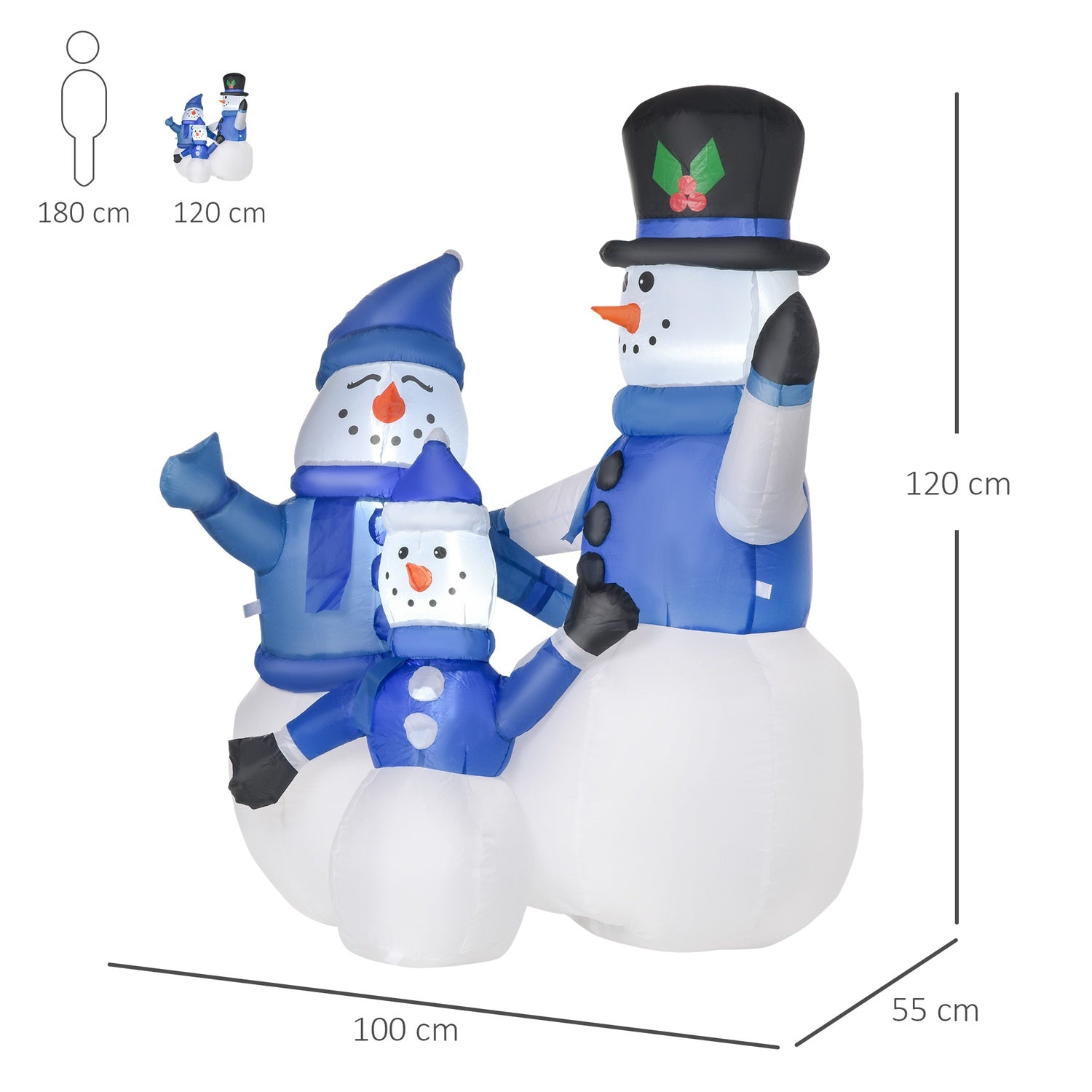 Zelfopblaasbare blauwe LED-sneeuwpop familie decoratie, 100x55x120 cm