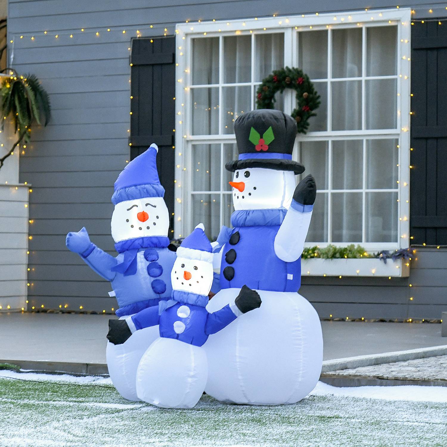 Zelfopblaasbare blauwe LED-sneeuwpop familie decoratie, 100x55x120 cm