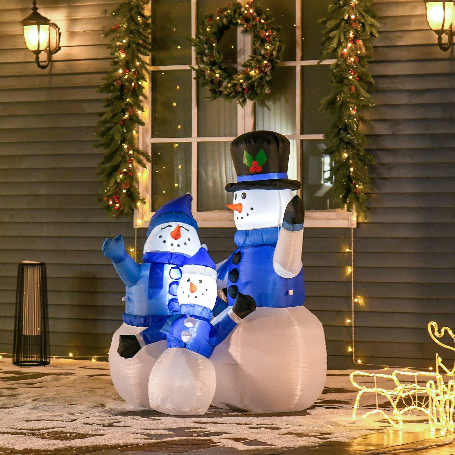 Zelfopblaasbare blauwe LED-sneeuwpop familie decoratie, 100x55x120 cm