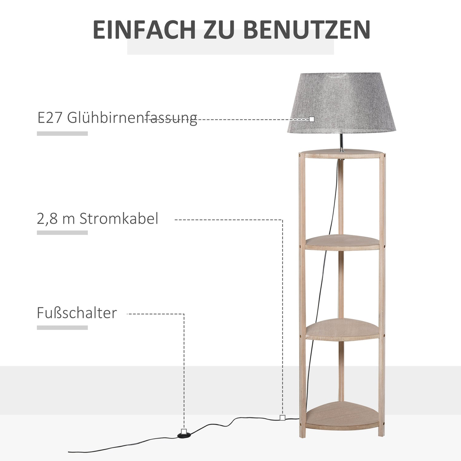 Scandinavische houten vloerlamp met plankje en linnen kap