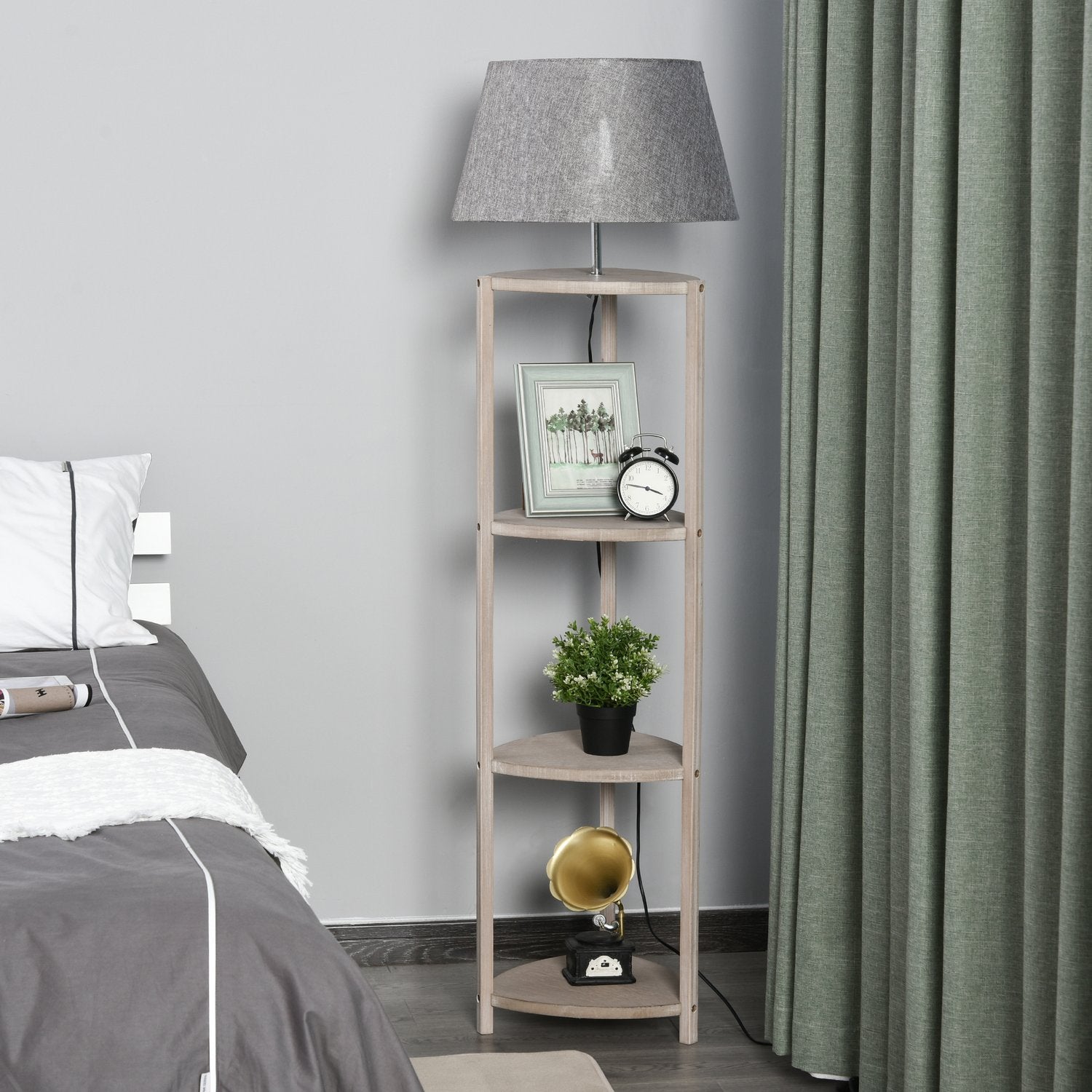 Scandinavische houten vloerlamp met plankje en linnen kap