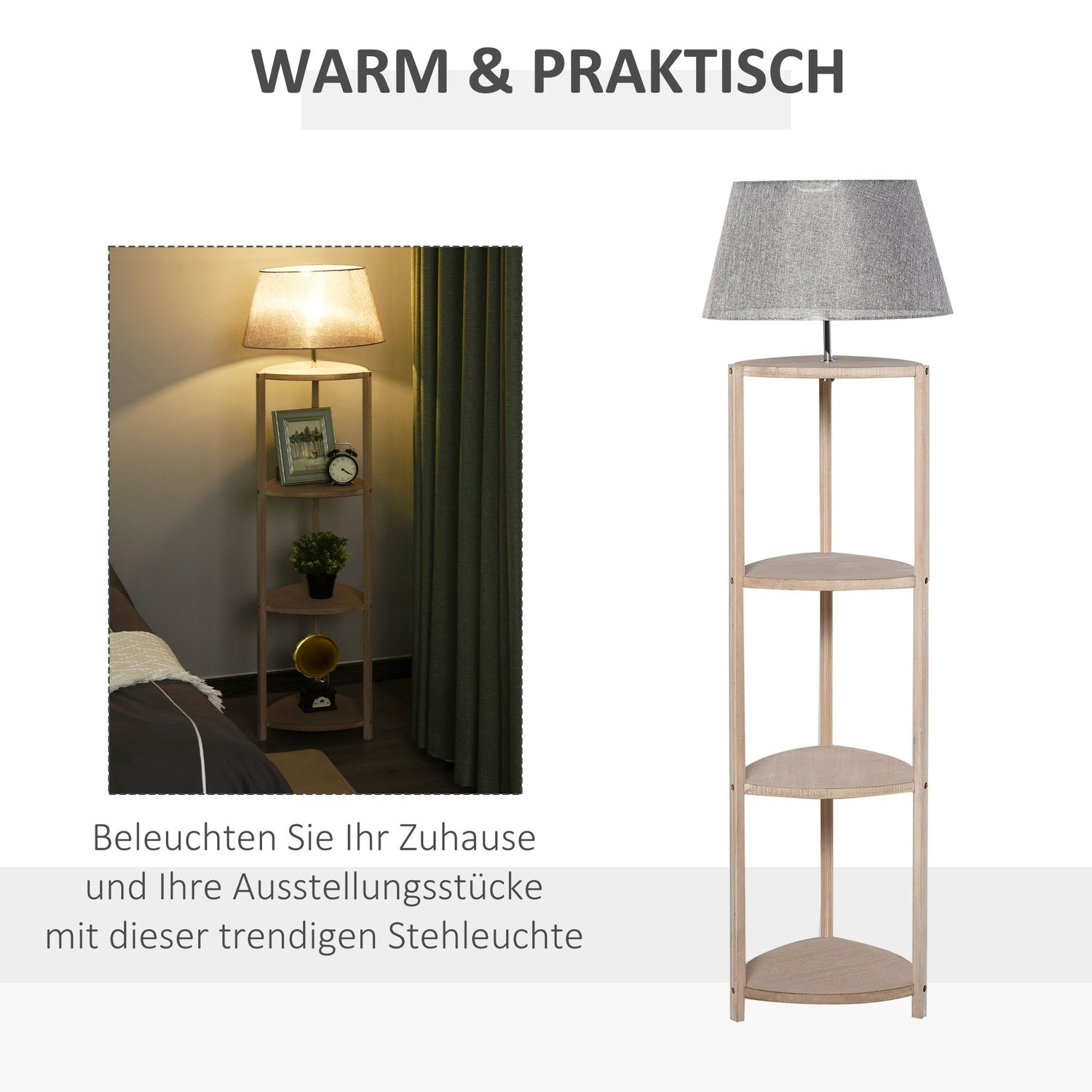 Scandinavische houten vloerlamp met plankje en linnen kap