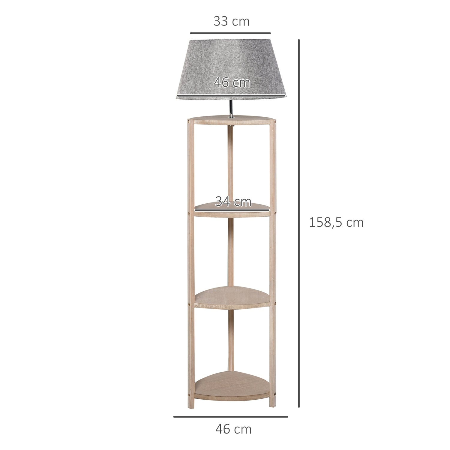 Scandinavische houten vloerlamp met plankje en linnen kap