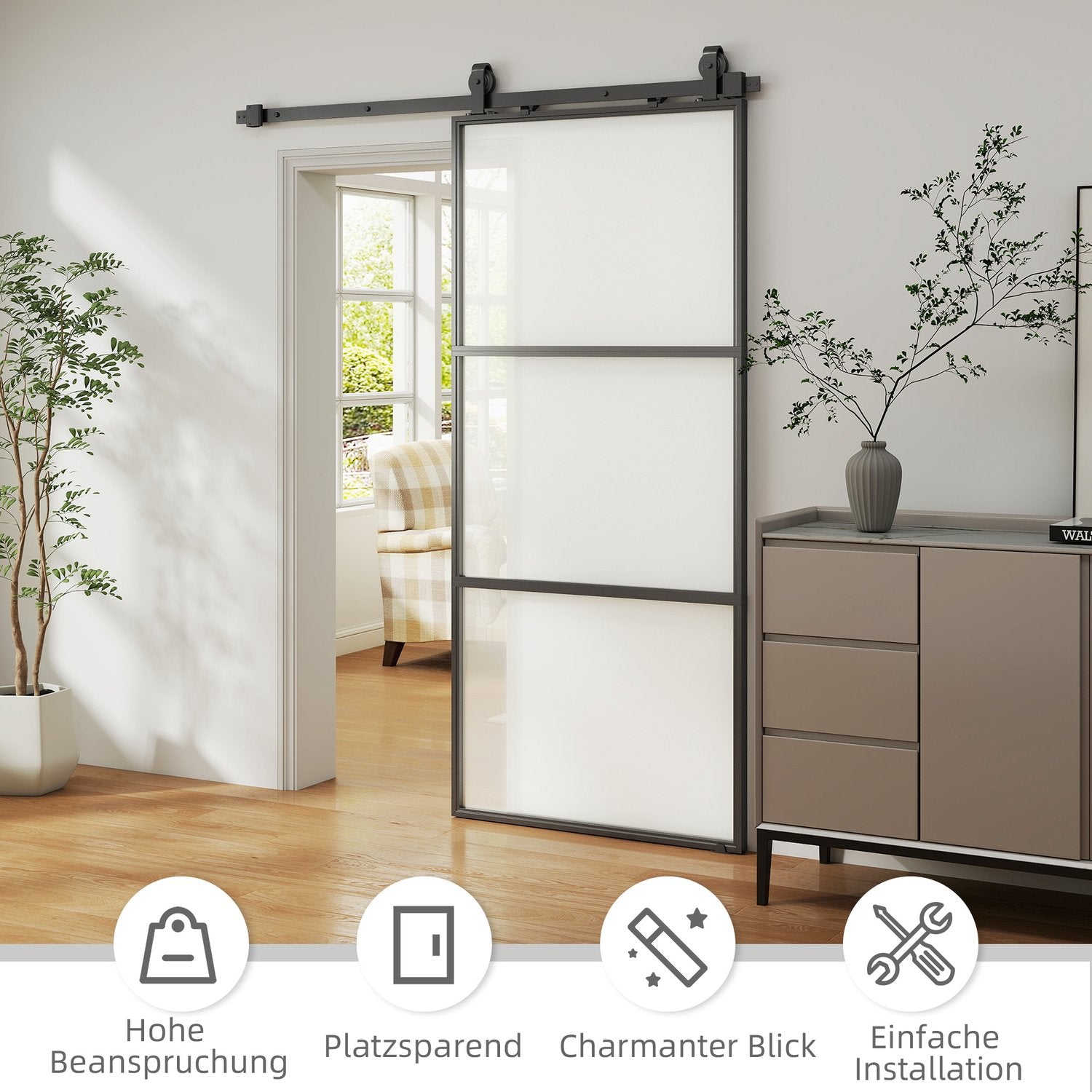 Schuifdeurset met matglas, softclose, zwart staal