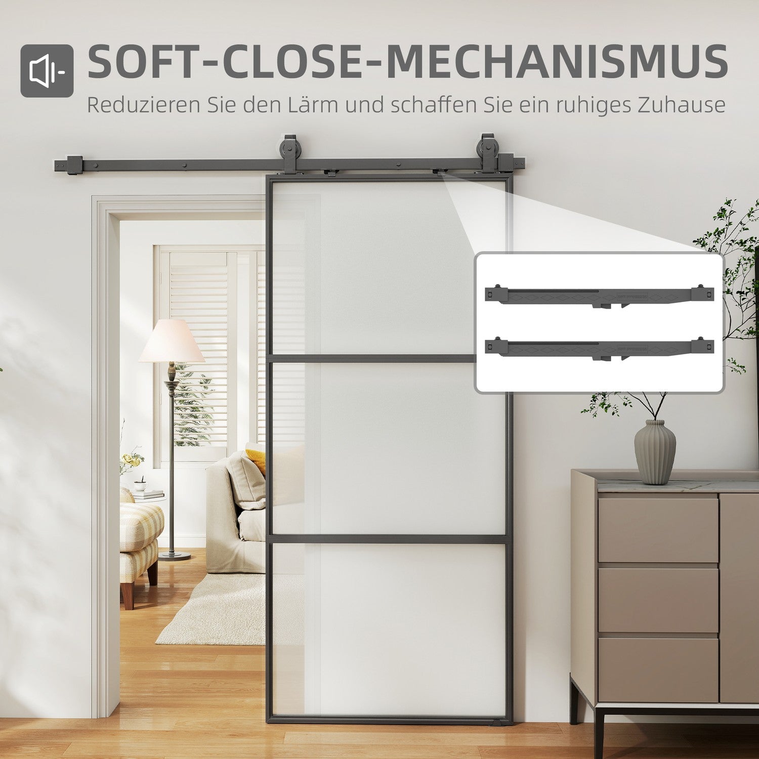 Schuifdeurset met matglas, softclose, zwart staal