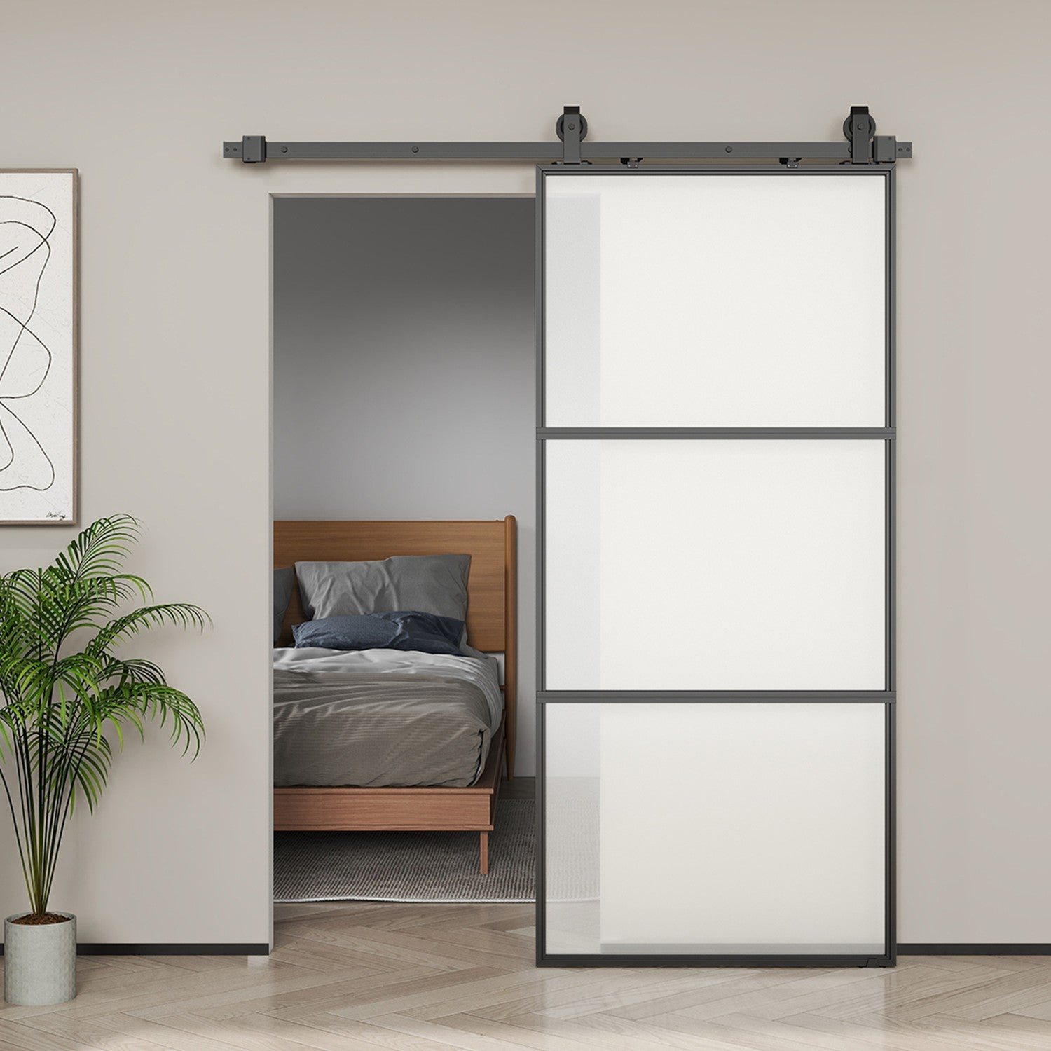 Schuifdeurset met matglas, softclose, zwart staal