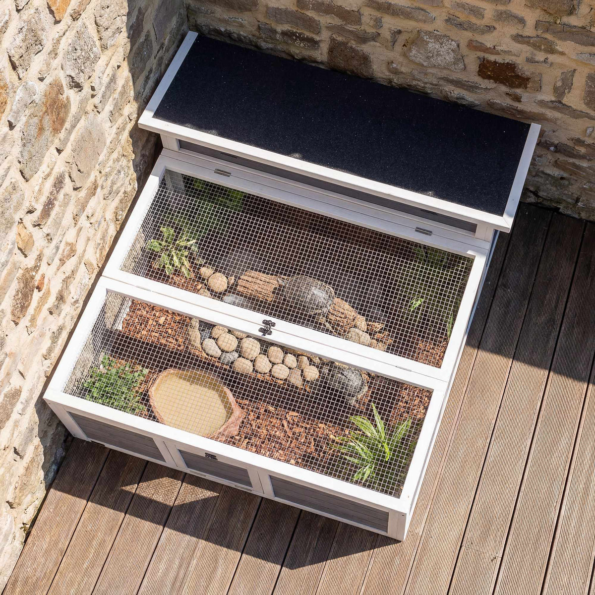 Houten schildpaddenverblijf met ren, 113 x 106,5 x 44,5 cm, grijs
