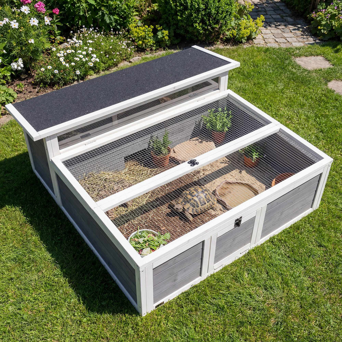Houten schildpaddenverblijf met ren, 113 x 106,5 x 44,5 cm, grijs