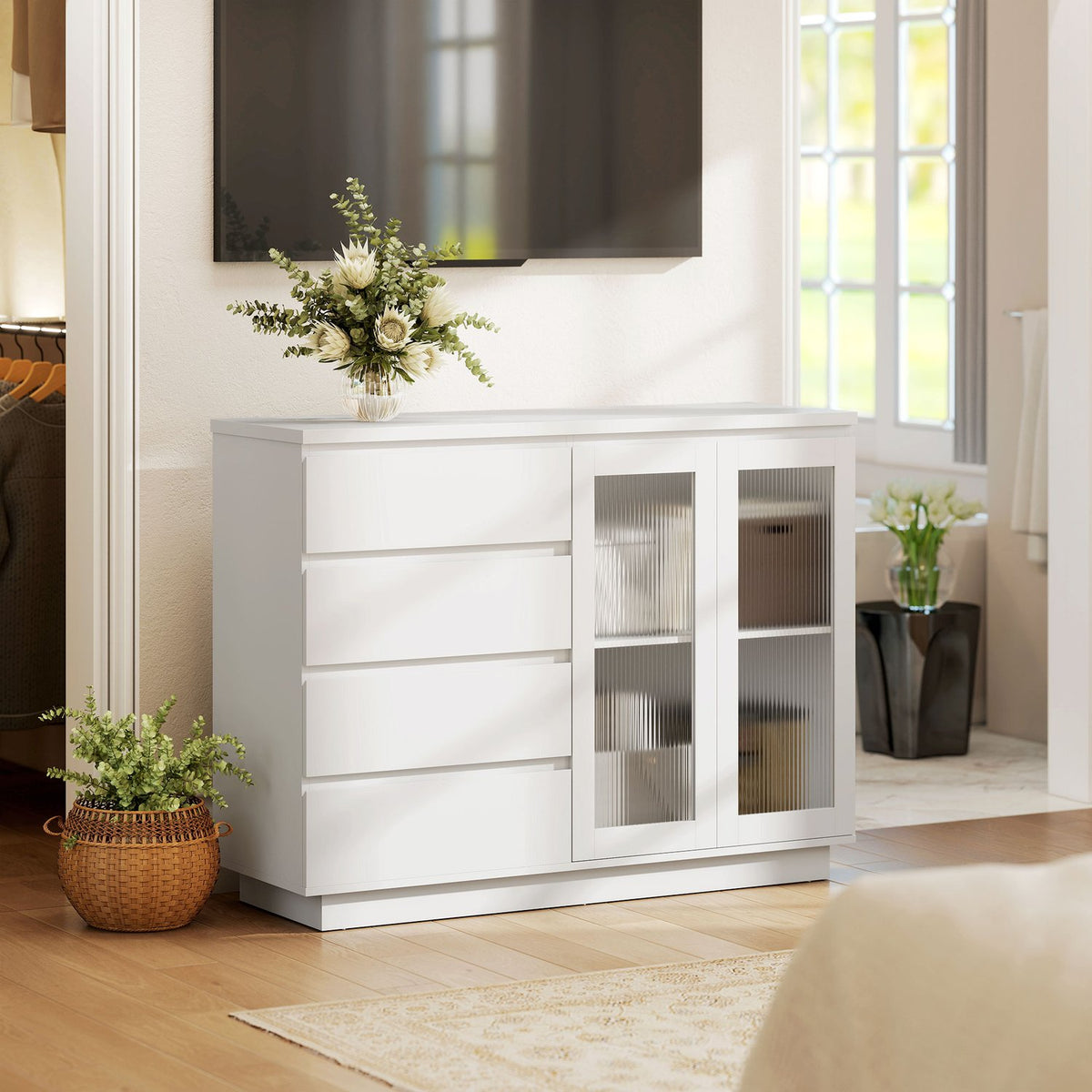 Dressoir met 4 laden, 2 glazen deuren, MDF, wit