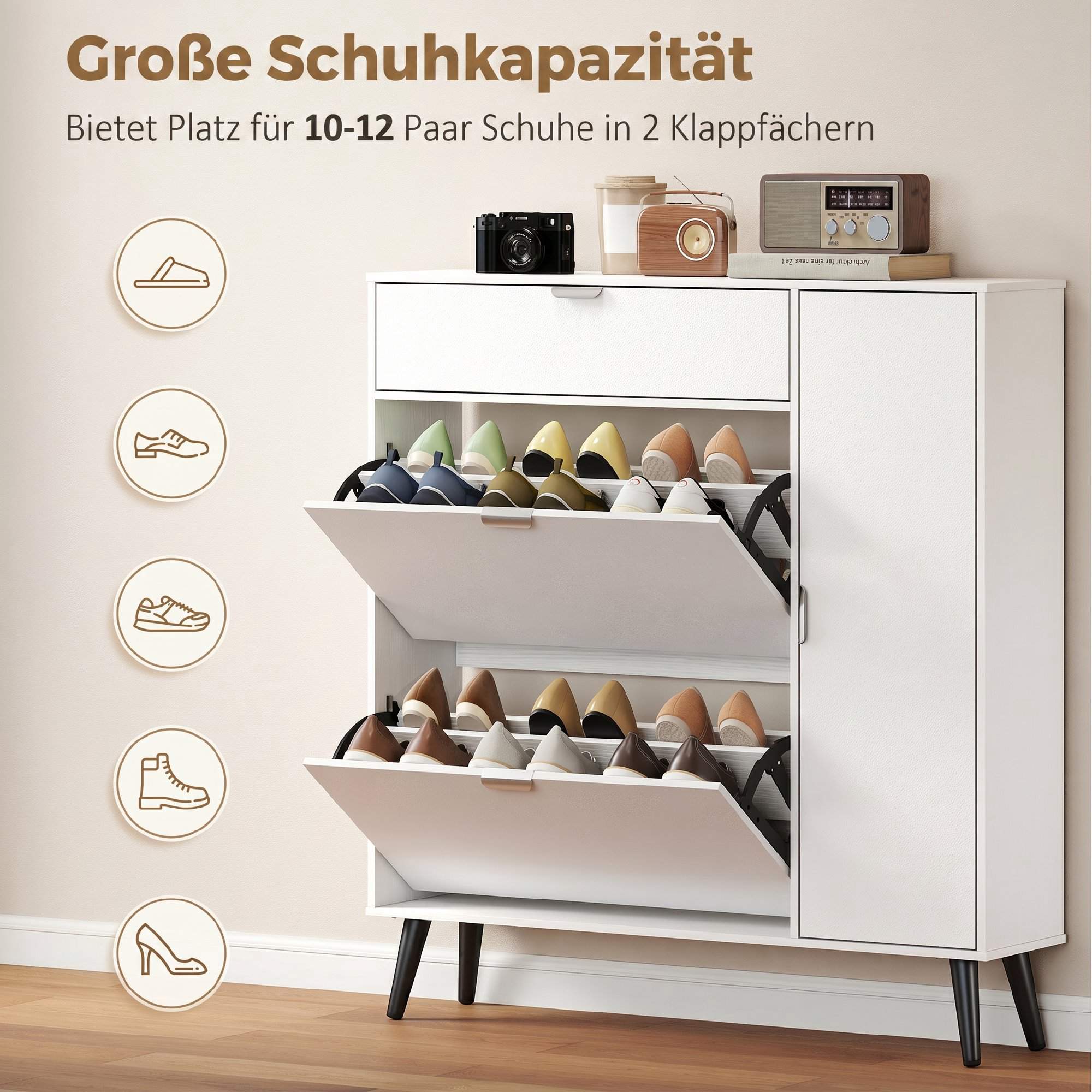 Smal skoskåp med 2 fällbara fack, vit MDF