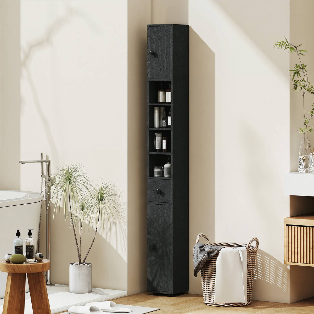 Smalle badkamerkast, 180 cm hoog, zwart