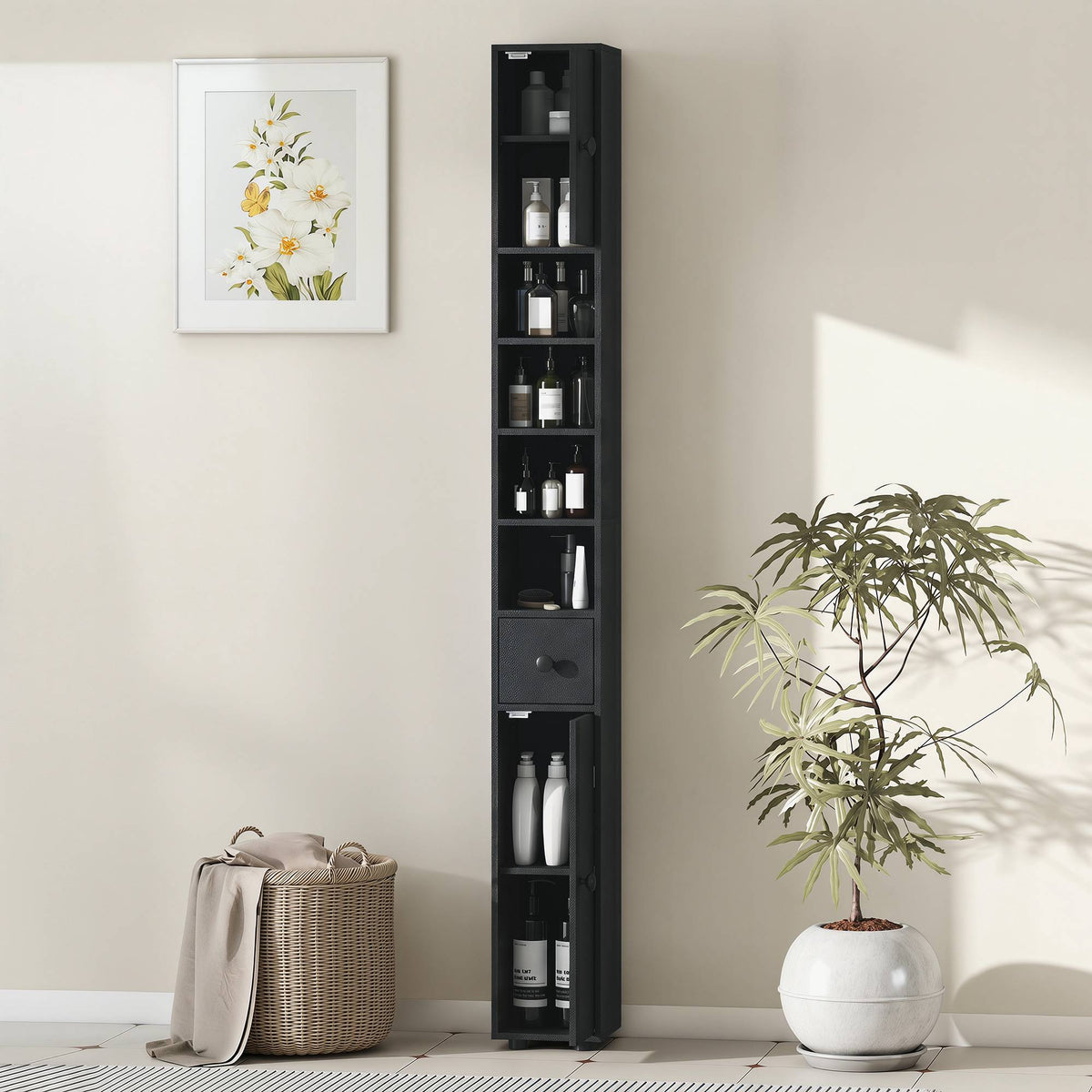Smalle badkamerkast, 180 cm hoog, zwart