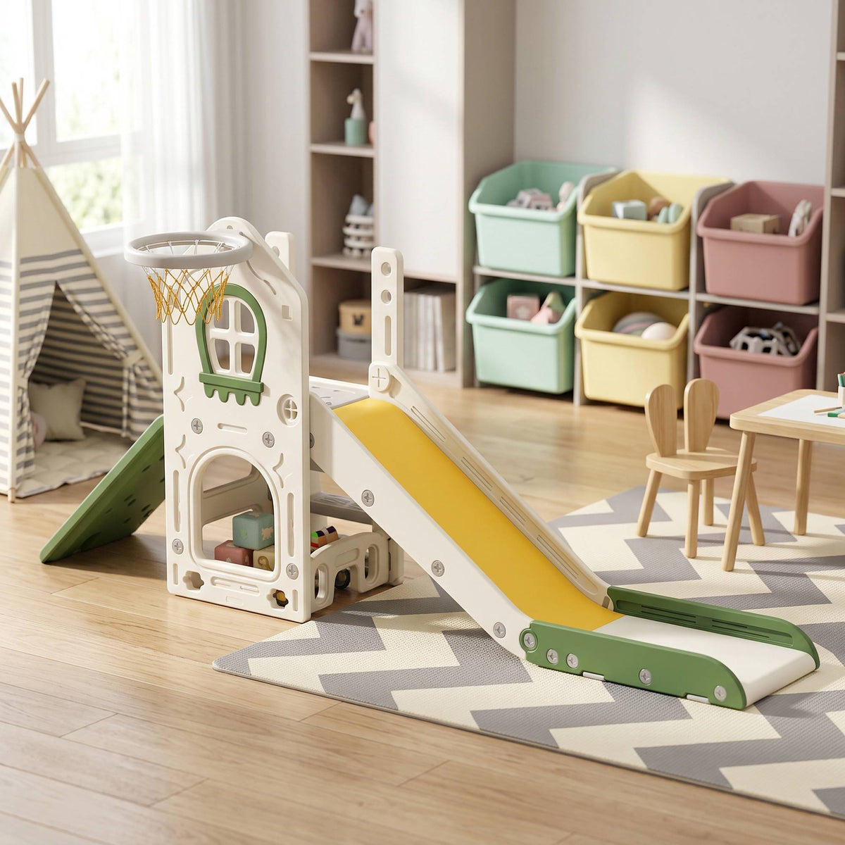 Peuterglijbaan 5-in-1, opvouwbaar klimrek met ring, 1–3 jaar