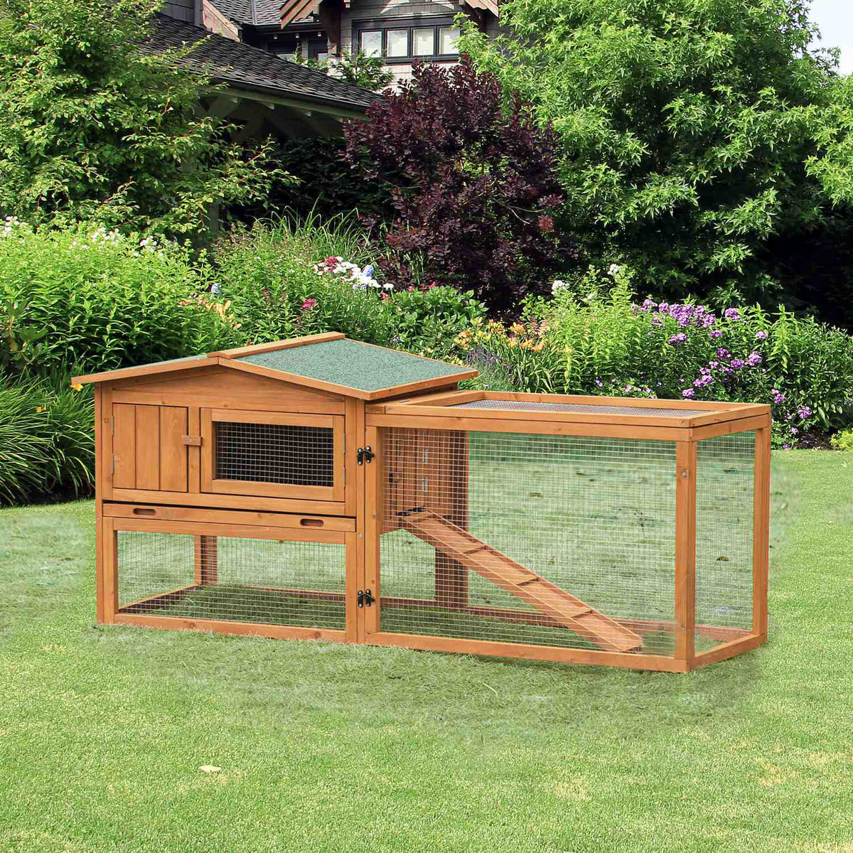 Dierenhok, dennenhout, met dak & lade, 156x58x68 cm