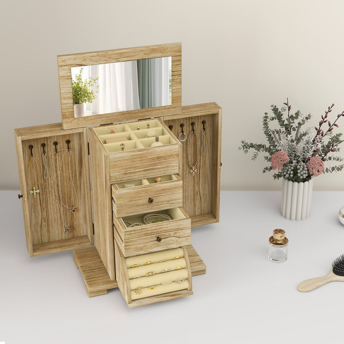 Sieradendoos met spiegel, 4-laags, bruin Paulownia-hout
