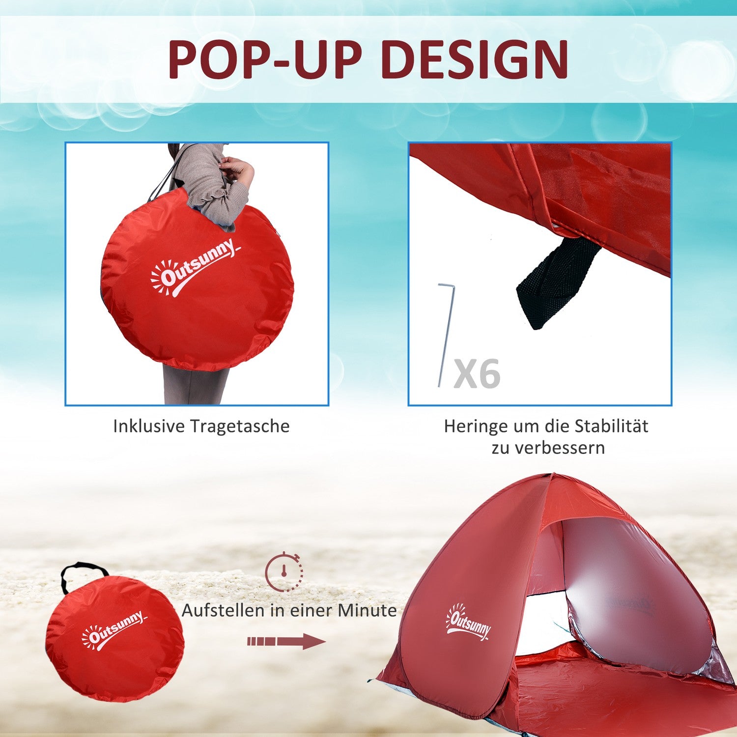 Snel op te zetten pop-up strandtent, rood, 200x150x119cm