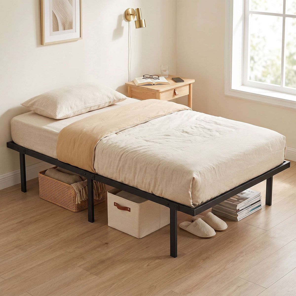 Metalen bedframe 90x200 cm, opbergruimte onder het bed, zwart