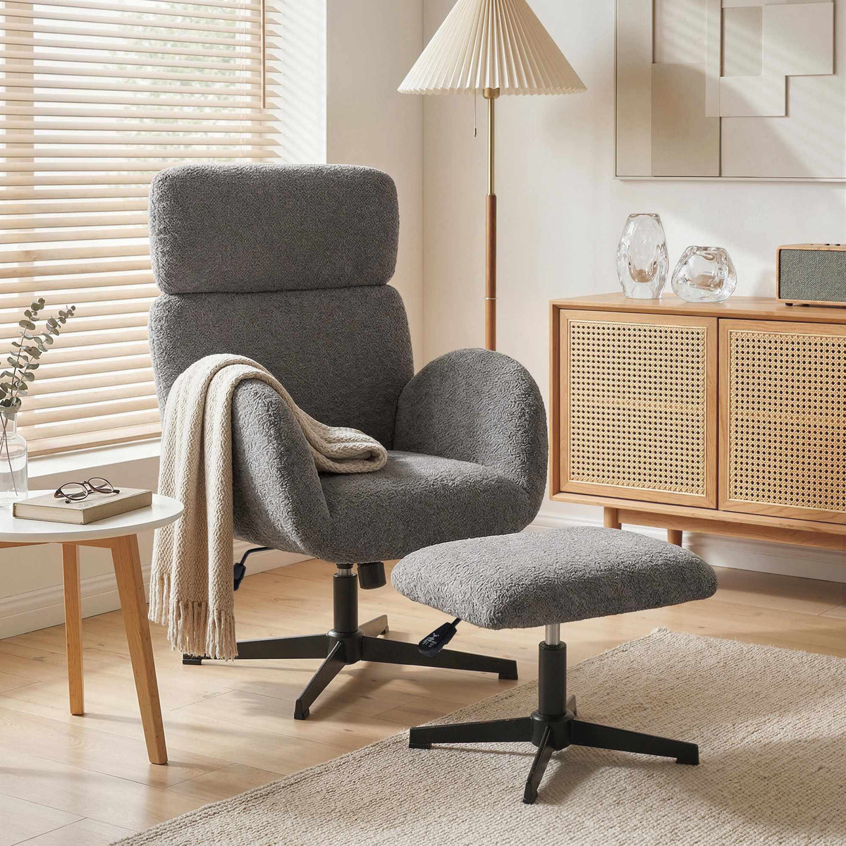 Draaifauteuil met voetenbank, verstelbare hoofdsteun, grijs