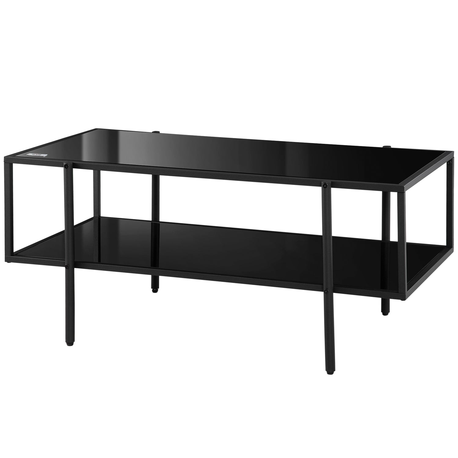 Salontafel in zwart staal, gehard glas, 2 legplanken