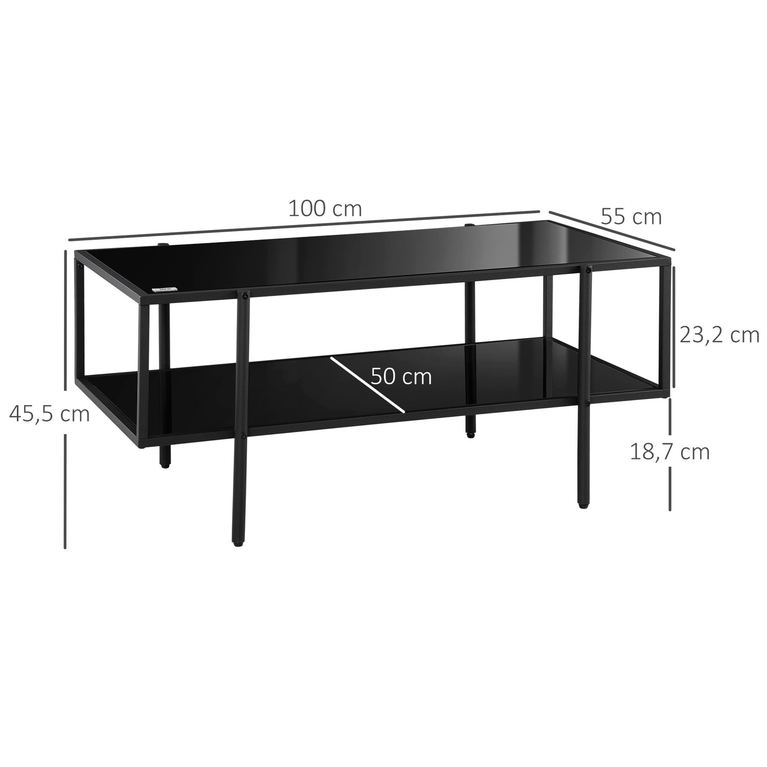 Salontafel in zwart staal, gehard glas, 2 legplanken