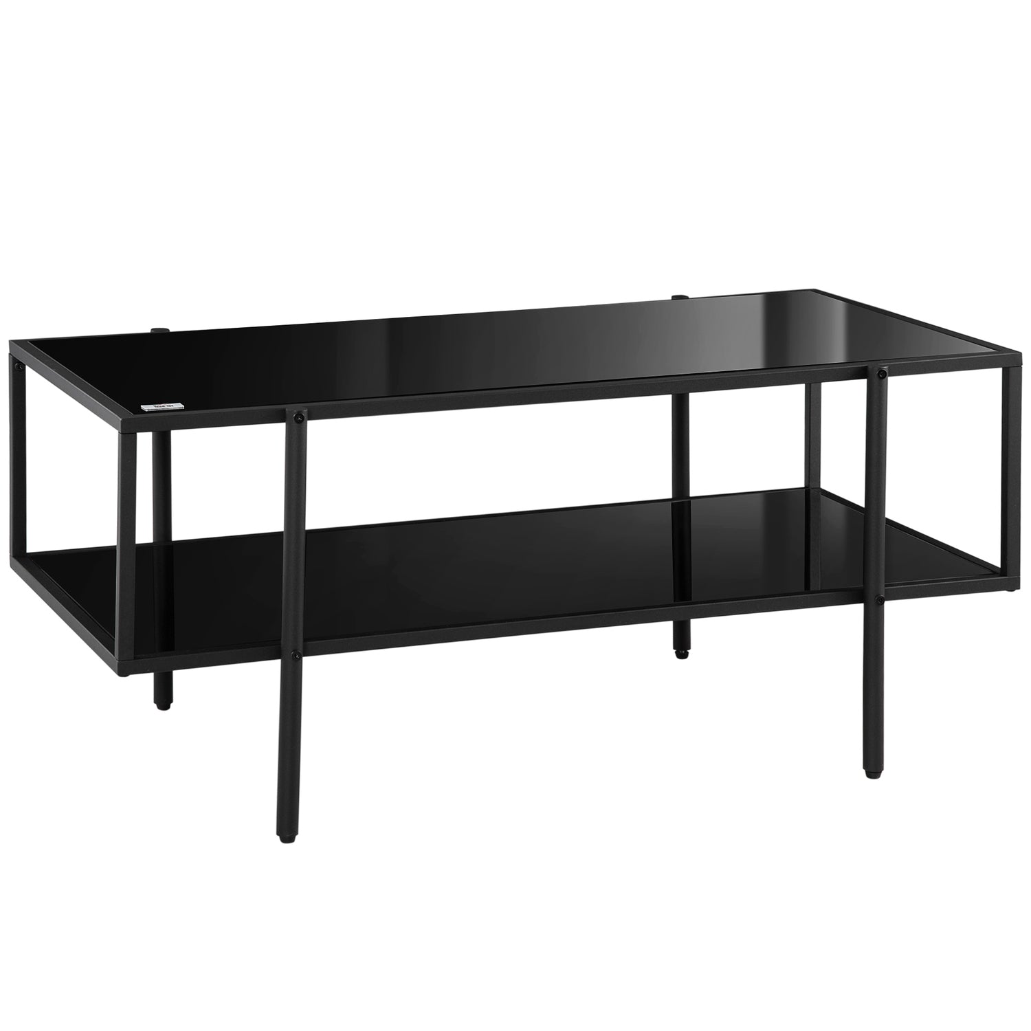 Salontafel in zwart staal, gehard glas, 2 legplanken